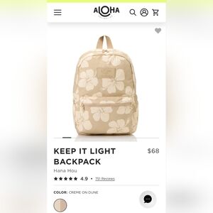 ALOHA Collection Keep It Light Hana Hou Backpack, Dune/Cream, NWT